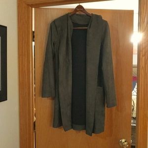 Olive suede midi jacket with hood and pockets